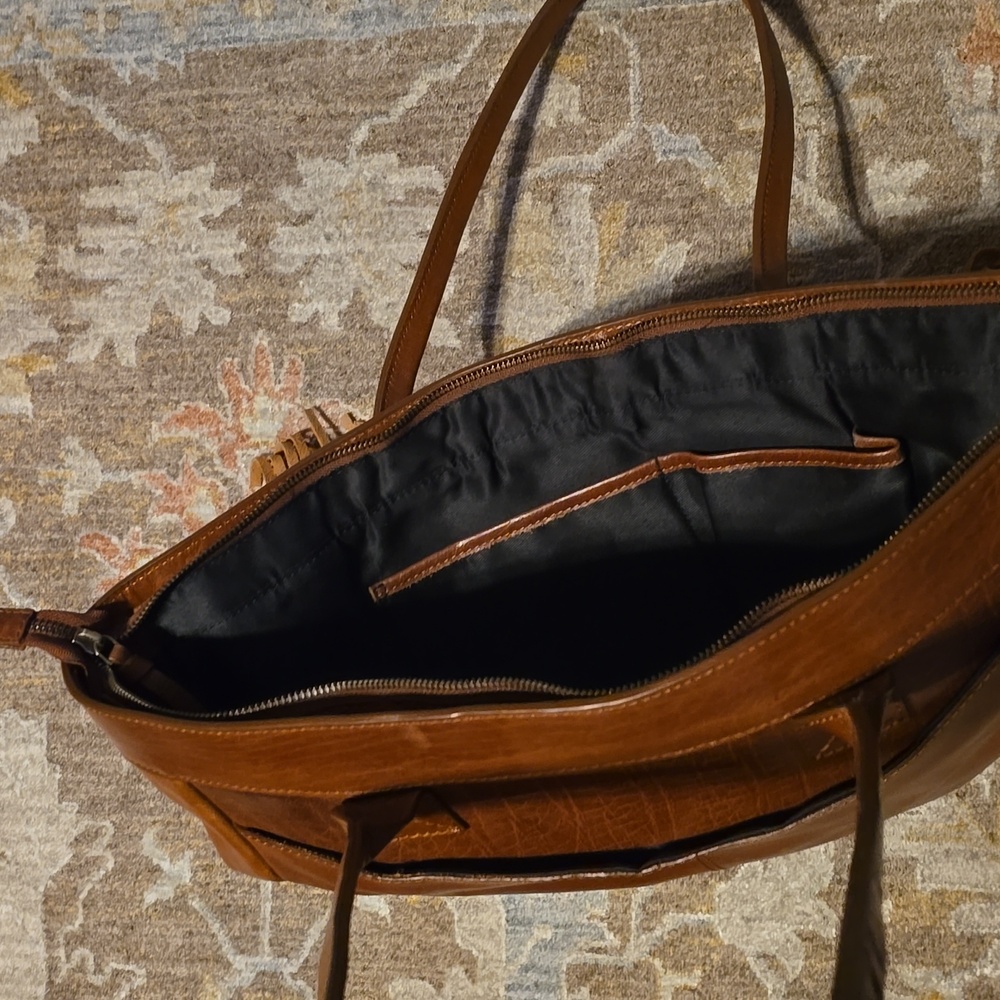 Brown Leather Tote Bag with Fringe and Pattern - Picture 7 of 14